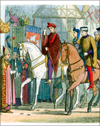 King Charles and King Henry on horseback, greeted by clergy